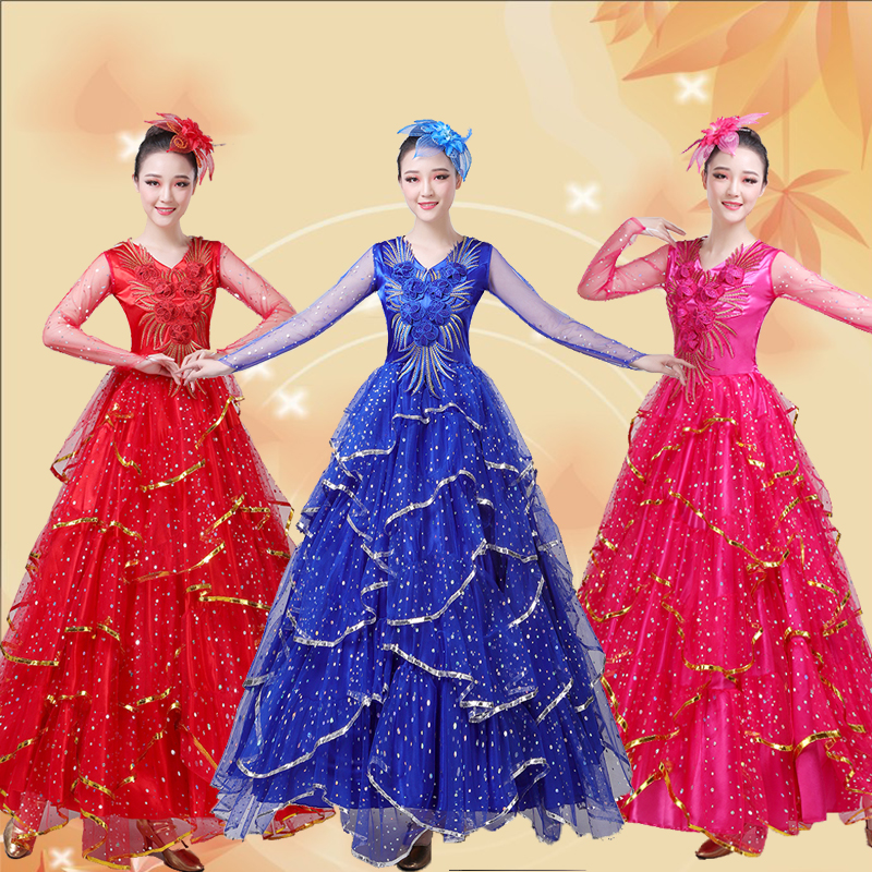 大合唱服長(zhǎng)裙演出服  中國(guó)風(fēng)禮服民族舞臺(tái)服裝 連衣裙成人古箏表演服