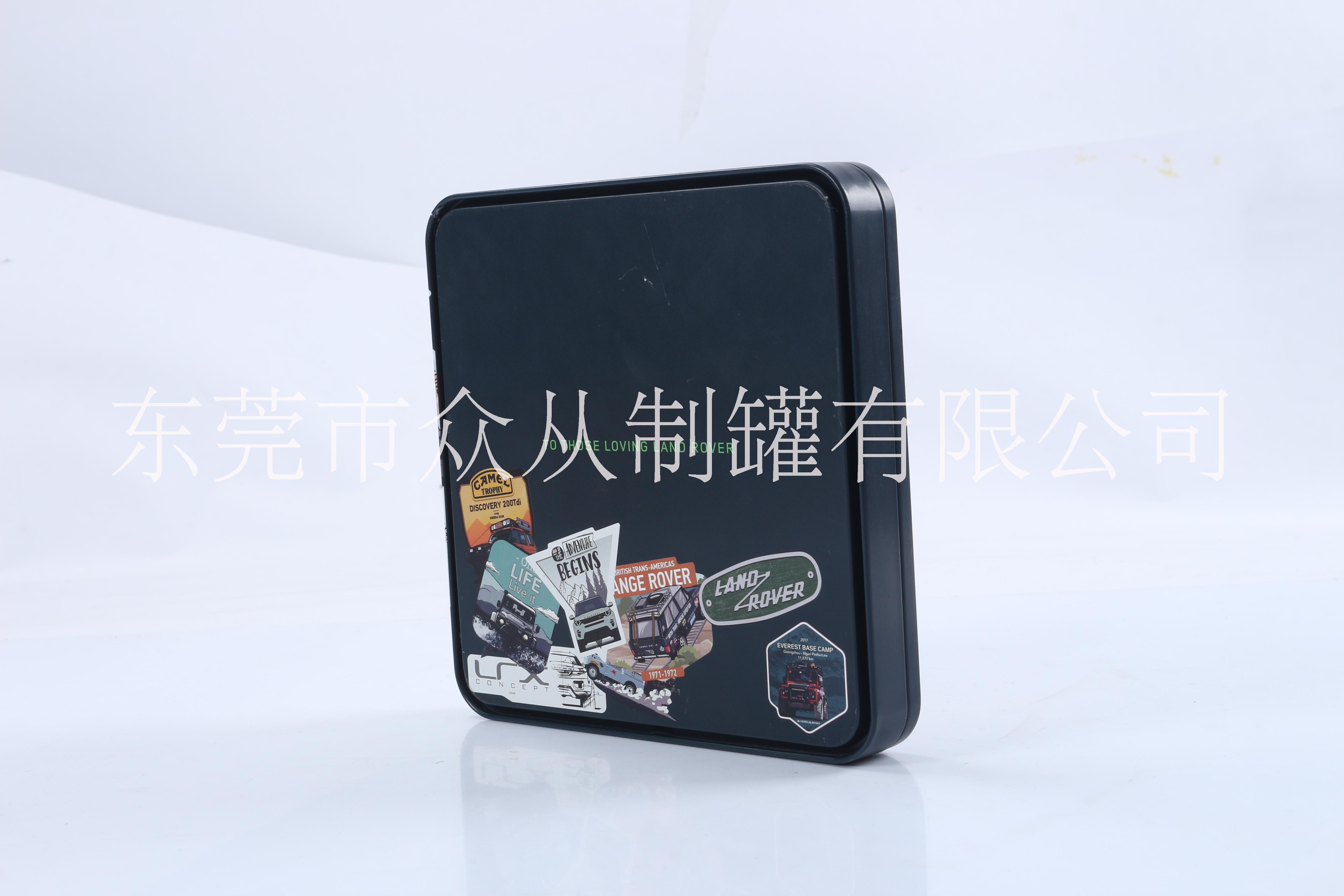 廠家定制正方形扣底縮口鐵盒，電子產(chǎn)品包裝鐵盒，車貼包裝鐵盒