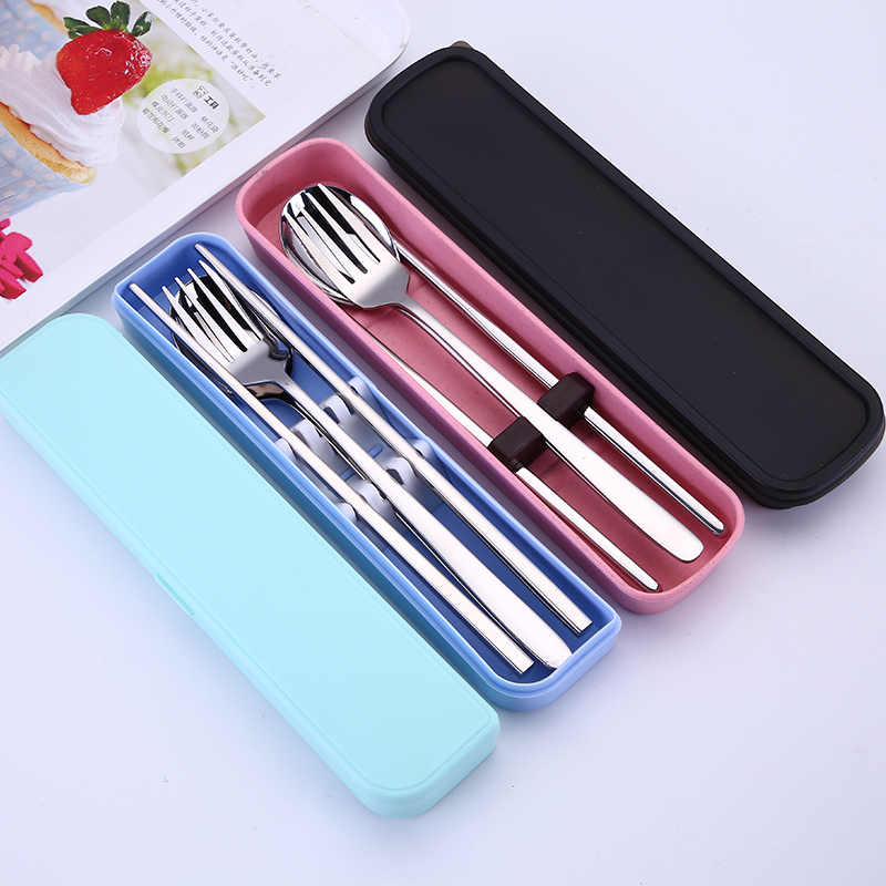不銹鋼韓式餐具學(xué)生戶外野營便攜筷子叉勺三件套商務(wù)贈品印制LOGO 不銹鋼韓式便攜餐具