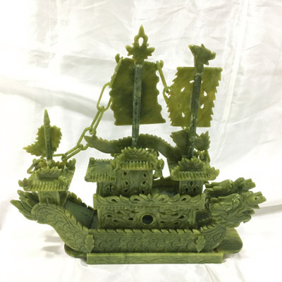 定制家居辦公室家居擺件 38cm精工青玉石龍船玉雕工藝品擺設代發(fā)