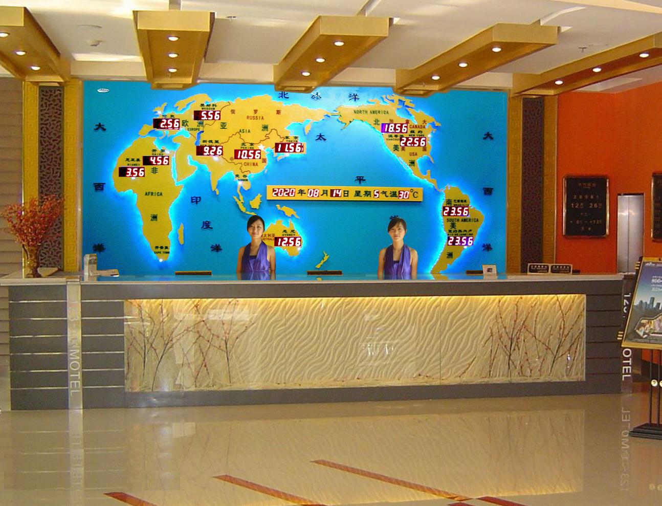 2022酒店大堂前臺(tái)吧臺(tái)背景墻裝飾 新一代酒店地圖鐘