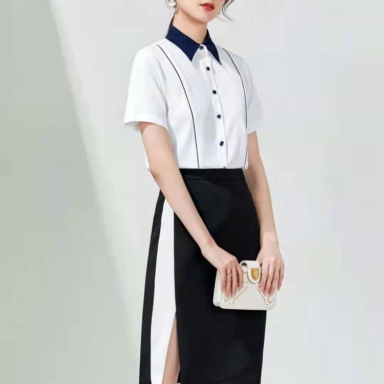 辦公室前臺(tái)OA女士職業(yè)裝白色短袖襯衫定制加工可繡企業(yè)標(biāo)志