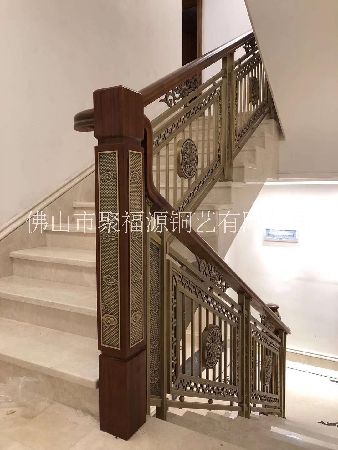 定制樓梯雕花護欄仿古銅藝鋁藝護欄 黃銅顏色樓梯護欄