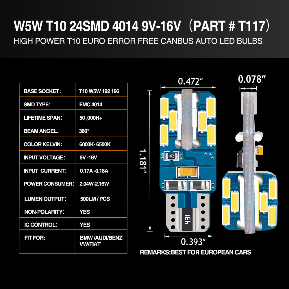 Canbus雙尖T10示寬燈閱讀燈儀表燈牌照燈地圖燈