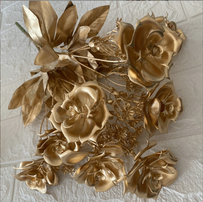 天津金色尤加利繡球花扇子葉假花批發(fā) 婚慶裝飾福桶金色銀杏葉金色植物花材價格