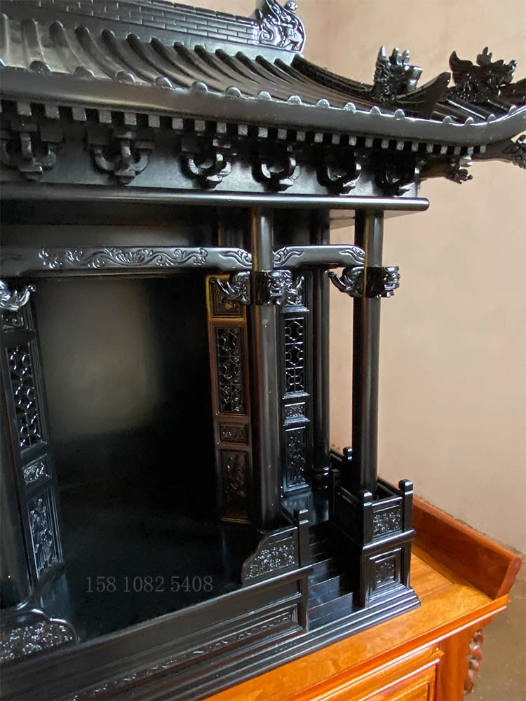 仿宮殿臺式佛龕實木屋頂帶門神龕紫檀色仿古建筑寶藝恒河家用佛臺