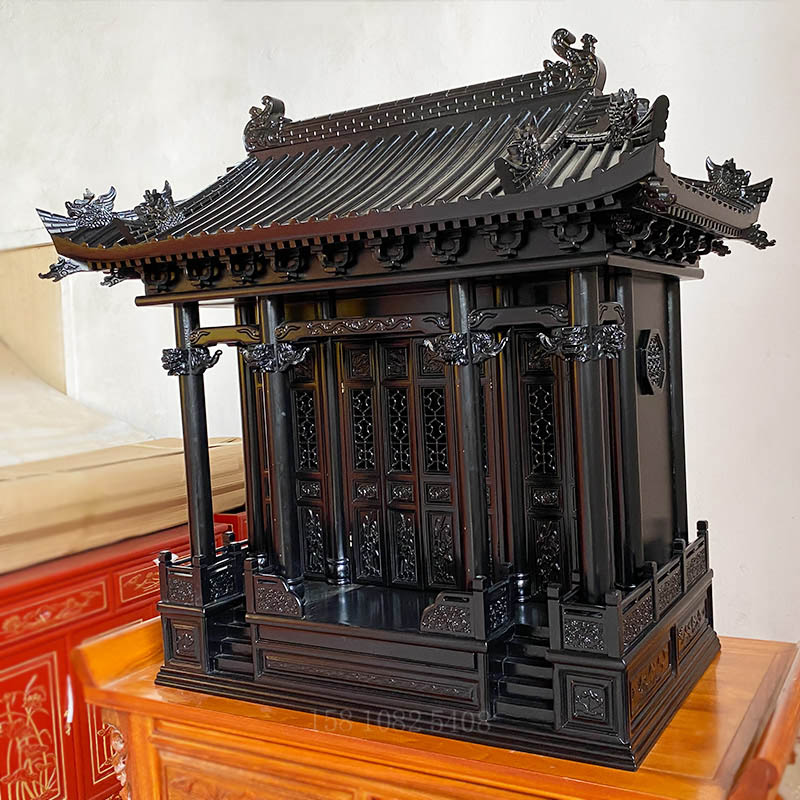 仿宮殿臺式佛龕實木屋頂帶門神龕紫檀色仿古建筑寶藝恒河家用佛臺