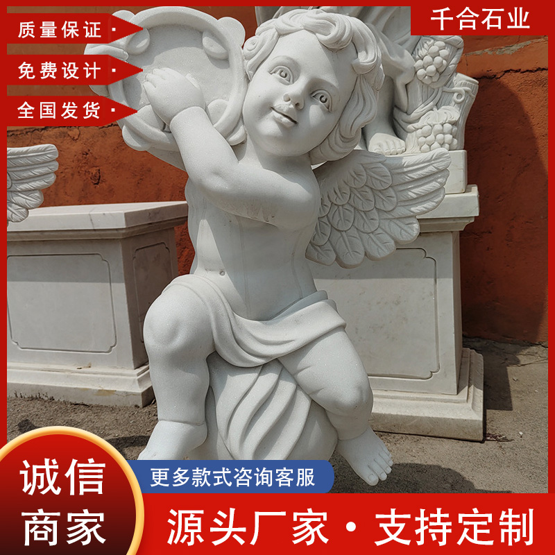 西方人物石雕 小孩雕塑定制室內戶外歐式漢白玉天使雕像裝飾擺件