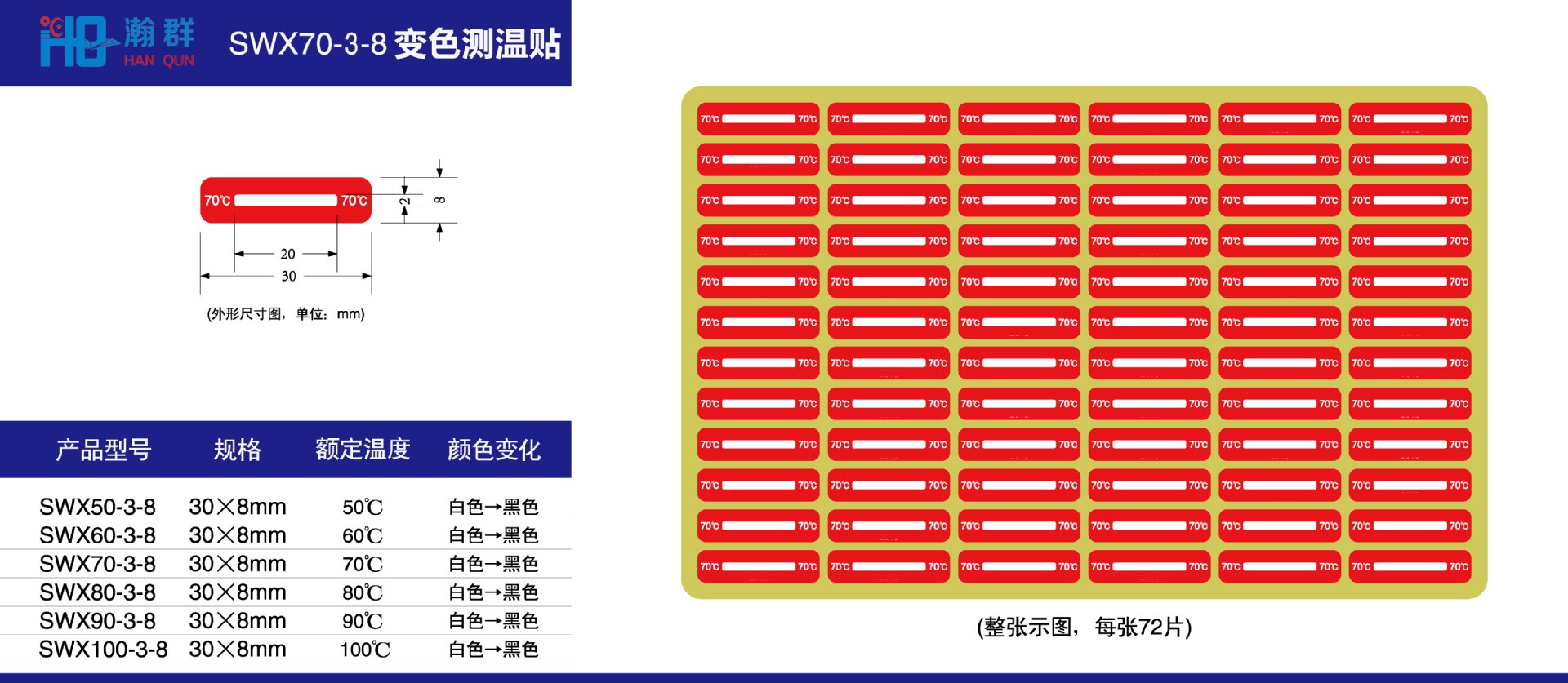 SWX-3-8鐵路變色測溫貼片白色變黑色瀚群不可逆測溫貼片示溫片測溫紙
